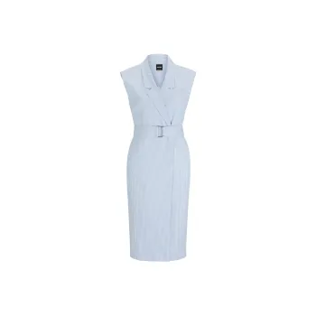 HUGO BOSS Wrap-Front Dress In Striped Stretch-Cotton Seersucker Sleeveless Dress Women's Blue