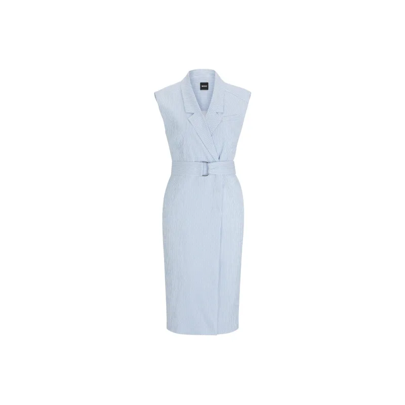 HUGO BOSS Wrap-Front Dress In Striped Stretch-Cotton Seersucker Sleeveless Dress Women's Blue-0