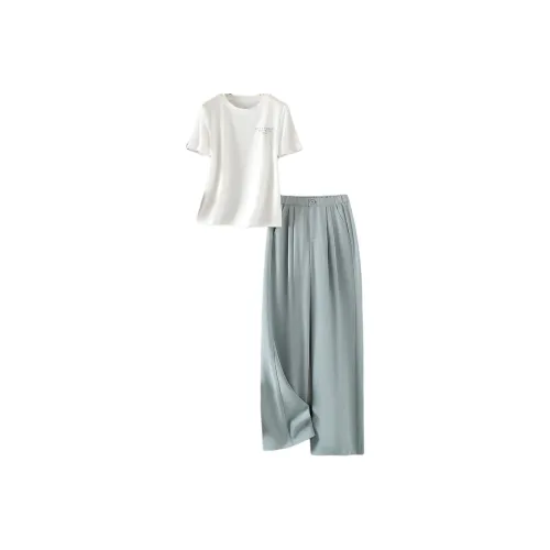 IHIMI Casual Suits Women's Ecru Top+Turquoise Bottom