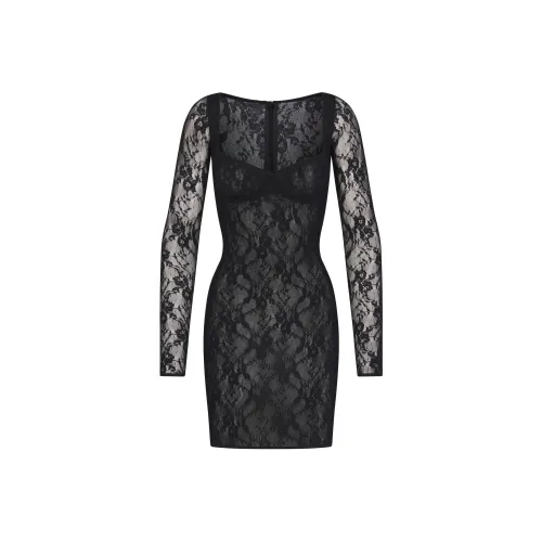 SKIMS STRETCH LACE LINED LONG SLEEVE UNDERWIRE DRESS Long Sleeved Dresses Women's ONYX/Onyx
