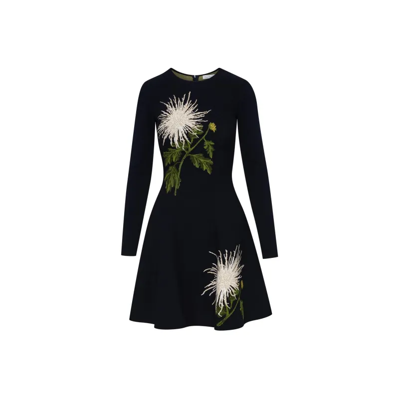 Oscar De La Renta Chrysanthemum Jacquard Long sleeved Dress-0