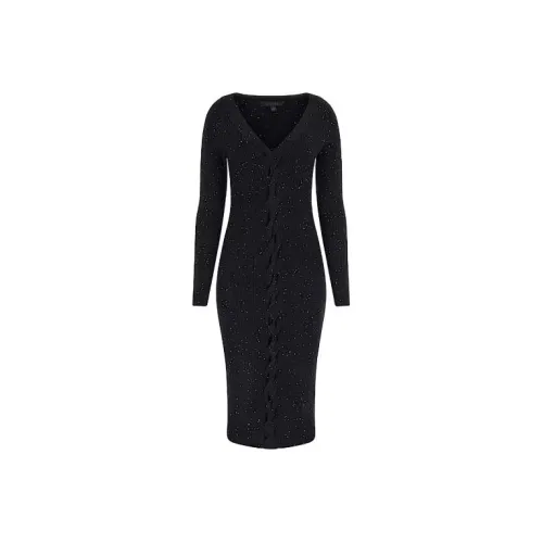 GUESS Micro Sequins Midi Sweater dress Elasticized Long-Sleeved Dresses Women's Black