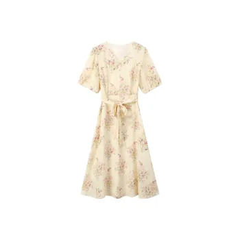 H-YXIANG Short-Sleeved Dresses Women's Rice Beige Bouquet