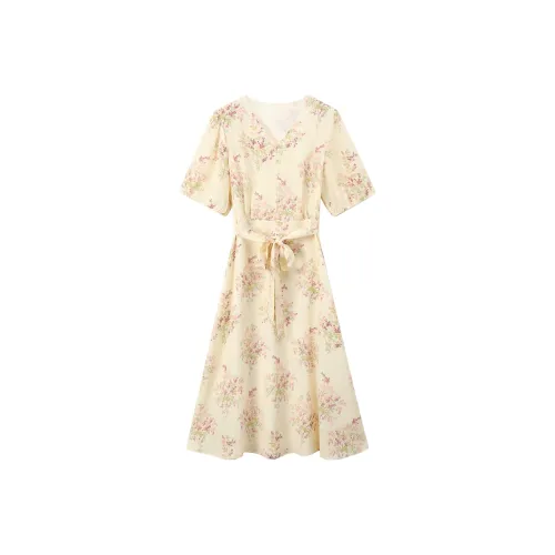 H YXIANG Short Sleeved Dresses Women's Rice Beige Bouquet