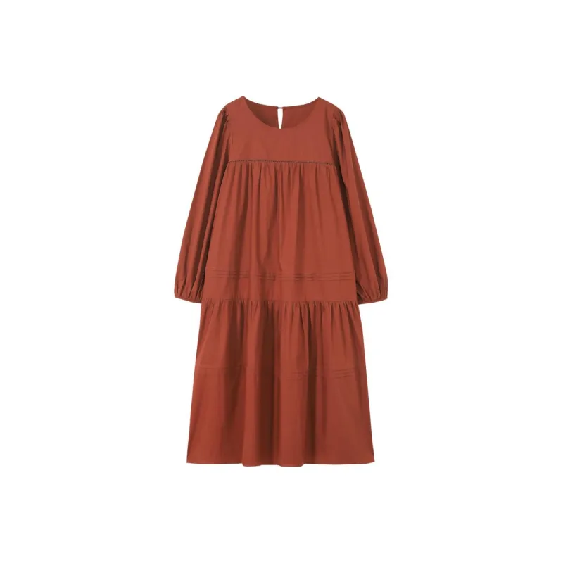 【dme】 Long Sleeved Dress Women's Brick Red-0