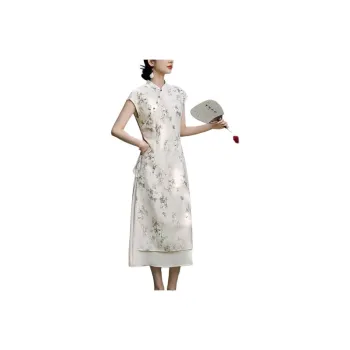 XWI Short Sleeved Dress Women's Beige With Green Print