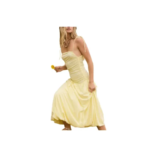 FREE PEOPLE Liza Drop-Waist Midi Slip Dresses Women's Mellow Yellow