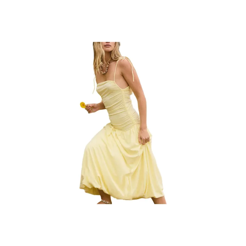 FREE PEOPLE Liza Drop-Waist Midi Slip Dresses Women's Mellow Yellow-0
