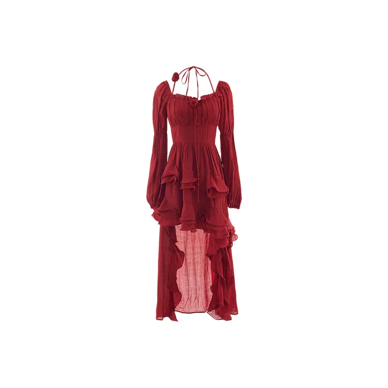 Blovelan Long Sleeved Dress Women's Dark Red-0
