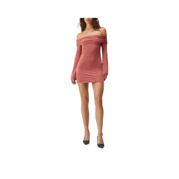 NASTY GAL Premium Slinky Fold Over Bardot Mini Dress Long-Sleeved Dresses Women's Mocha
