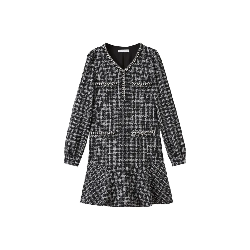 SHUIYUNJIAN Long Sleeved Dresses Women's Black Plaid-0