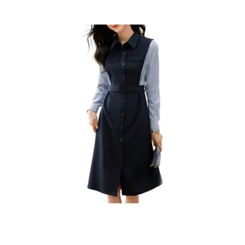 Mo Han Yi Mei Long Sleeved Dresses Women's Navy Blue