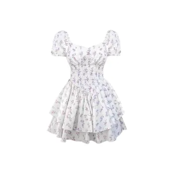 ABBY GODDESS Short Sleeved Dress Women's White Base With Purple Floral