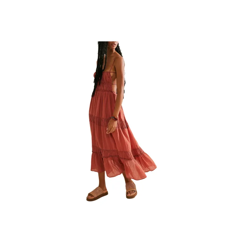 FREE PEOPLE Taking Sides Maxi Slip Dresses Women's Auburn/Reddish Brown-0