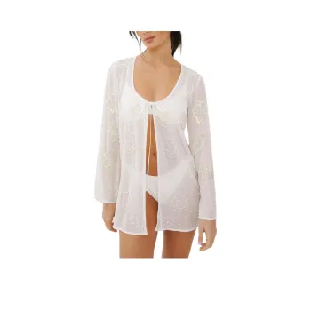 NASTY GAL Premium Hand Embellished Pearl Sequin Tie Front Mini Dress Long-Sleeved Dresses Women's White