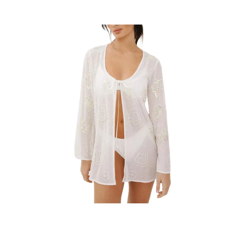 NASTY GAL Premium Hand Embellished Pearl Sequin Tie Front Mini Dress Long-Sleeved Dresses Women's White-0