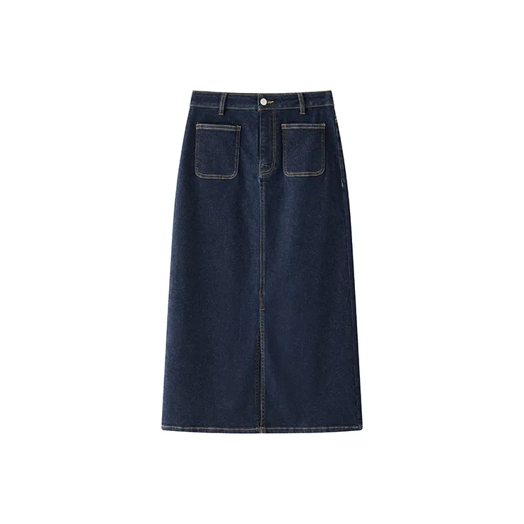 YANGZHIDAO Denim Long Skirts Women's Smoke Wave Denim Blue-0
