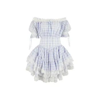Selkie Collection SS25 Short Sleeved Dress Women's Sky Blue With White Square Print