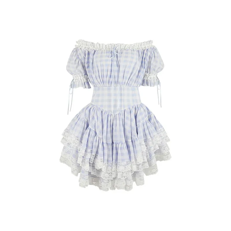 Selkie Collection SS25 Short Sleeved Dress Women's Sky Blue With White Square Print-0