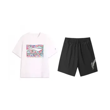 LiNing SS25 Casual Sportswear Unisex White Short Sleeved Shirt+Black Shorts
