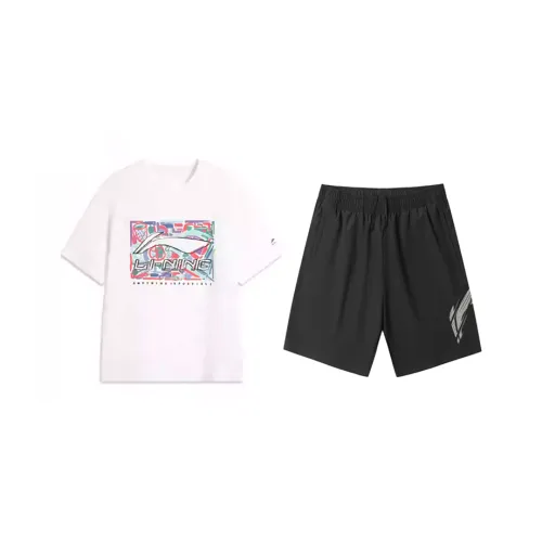 LiNing SS25 Casual Sportswear Unisex White Short Sleeved Shirt+Black tiered shorts