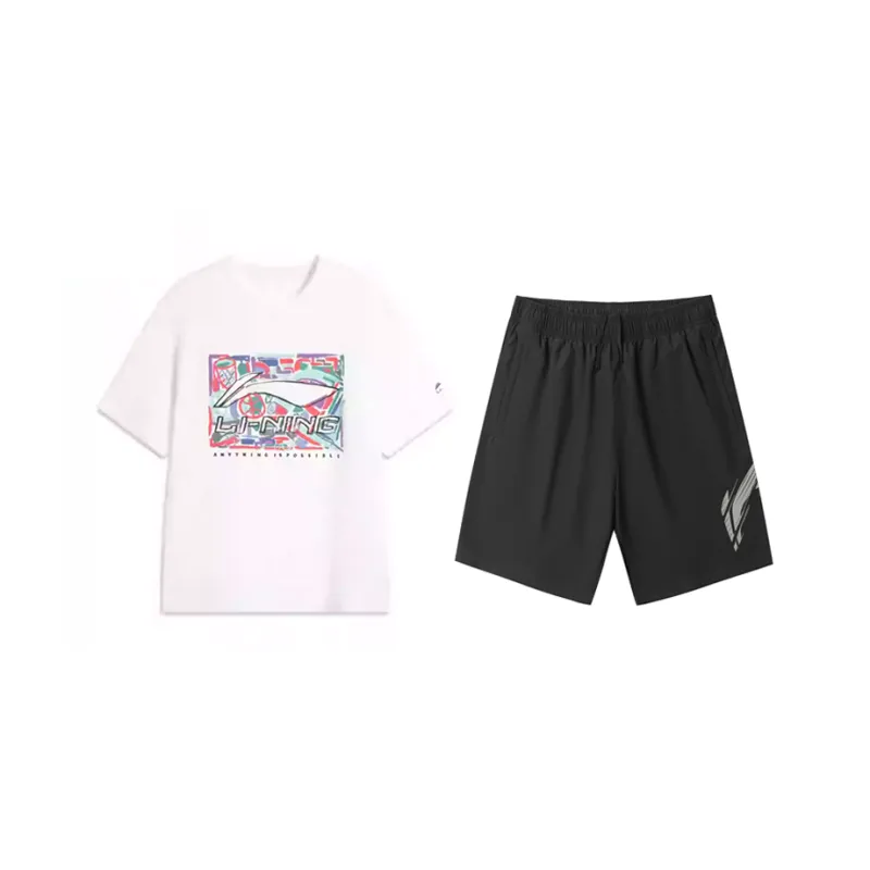 LiNing SS25 Casual Sportswear Unisex White Short Sleeved Shirt+Black Shorts-0