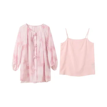 3COLOUR Set Women's Cherry Blossom Pink Floral Shirt+Camisole