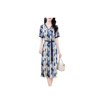 Yi Mengyuan Silk Short Sleeved Dress Women's Blue Rhythm