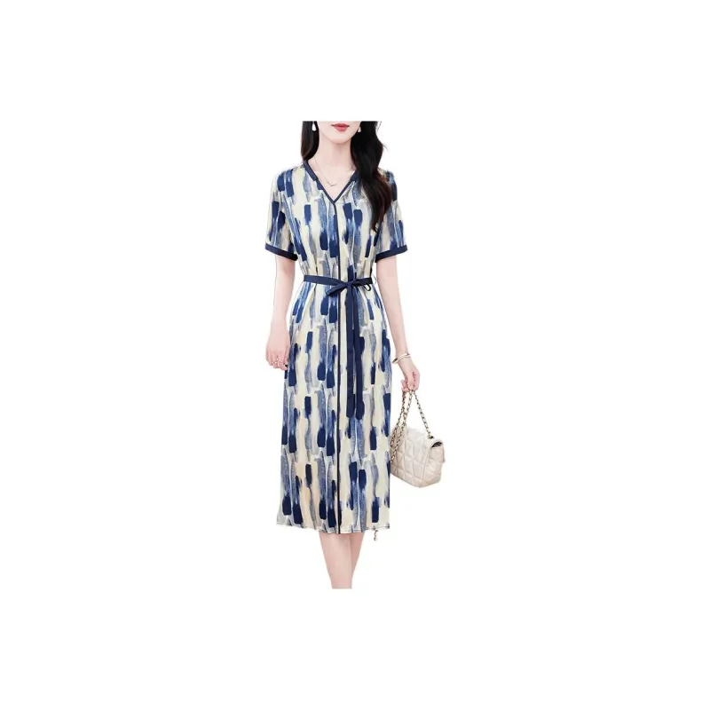 Yi Mengyuan Silk Short Sleeved Dress Women's Blue Rhythm-0
