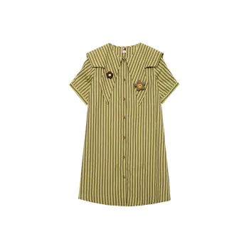 MUGUOGUOMU Short Sleeved Dresses Women's Green Coffee Stripes