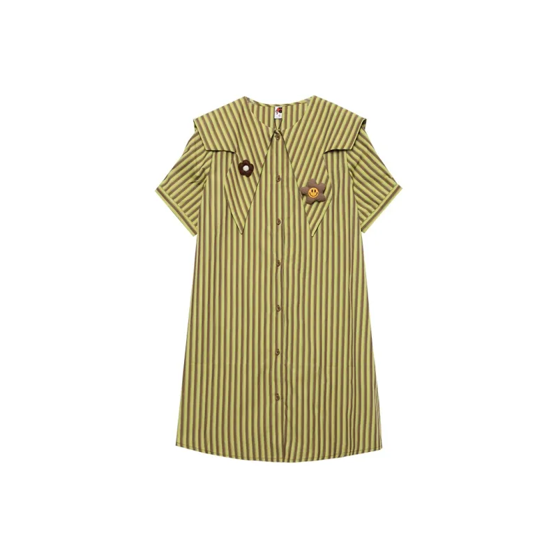 MUGUOGUOMU Short Sleeved Dress Women's Green Coffee Stripes-0