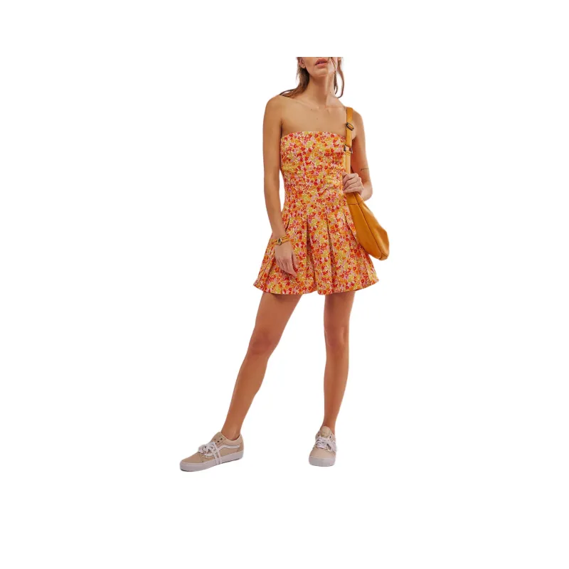 FREE PEOPLE Made Me Smile Printed Mini Sleeveless Dress Women's Citrus Combo/Citrus Orange Combination-0