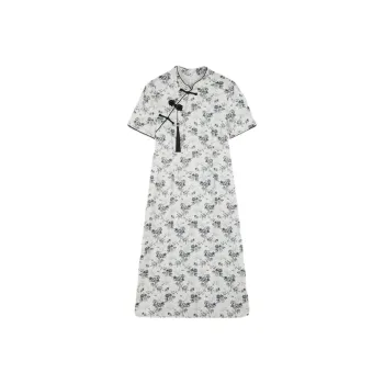 Mo Han Yi Mei Short Sleeved Dress Women's Beige With Black Floral