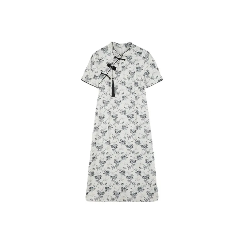 Mo Han Yi Mei Short Sleeved Dress Women's Beige With Black Floral-0