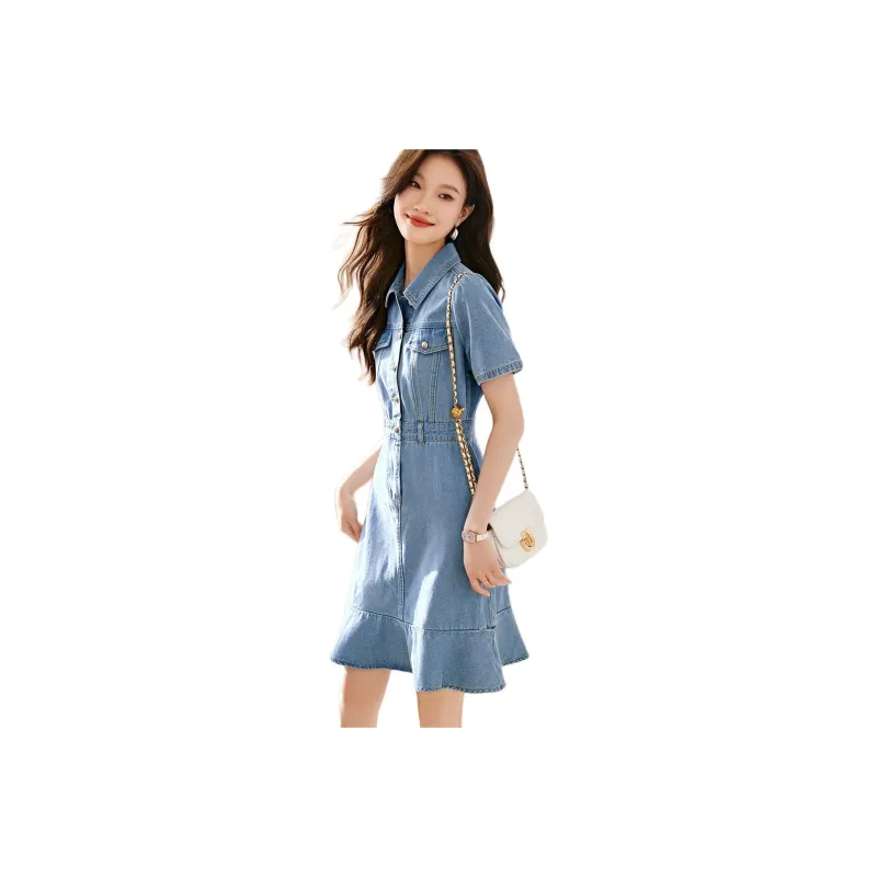 Mo Han Yi Mei Short Sleeved Dress Women's Denim Blue-0