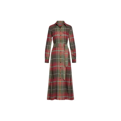 Polo Ralph Lauren Belted Plaid Cotton Blend Shirtdress Long-Sleeved Dresses Women's Brown