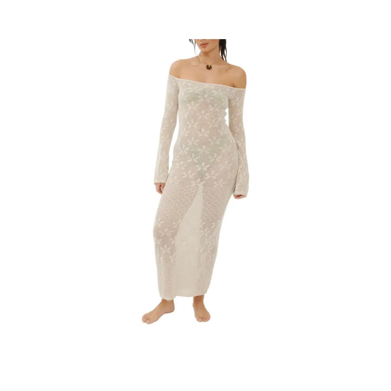 NASTY GAL Floral Crochet Off The Shoulder Maxi Beach Dress Long-Sleeved Dresses Women's Beige-0
