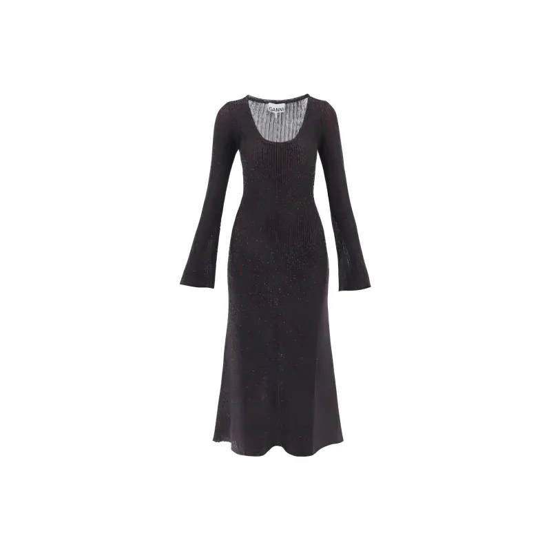 GANNI Metallic Ribbed Long Sleeved Maxi Dress-0