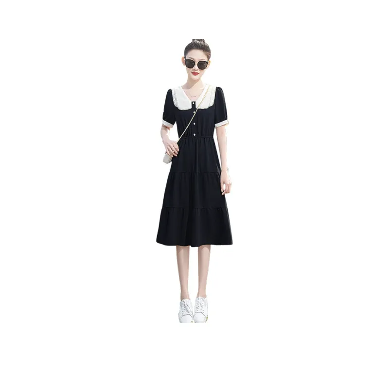 Cypress House Short Sleeved Dress Women's Black With Beige Collar-0
