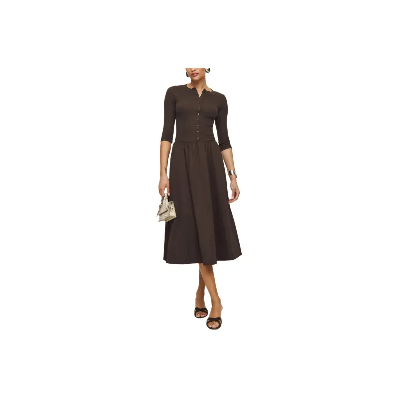 REFORMATION Luka Knit Dress Long-Sleeved Dresses Women's Chocolate Brown-0