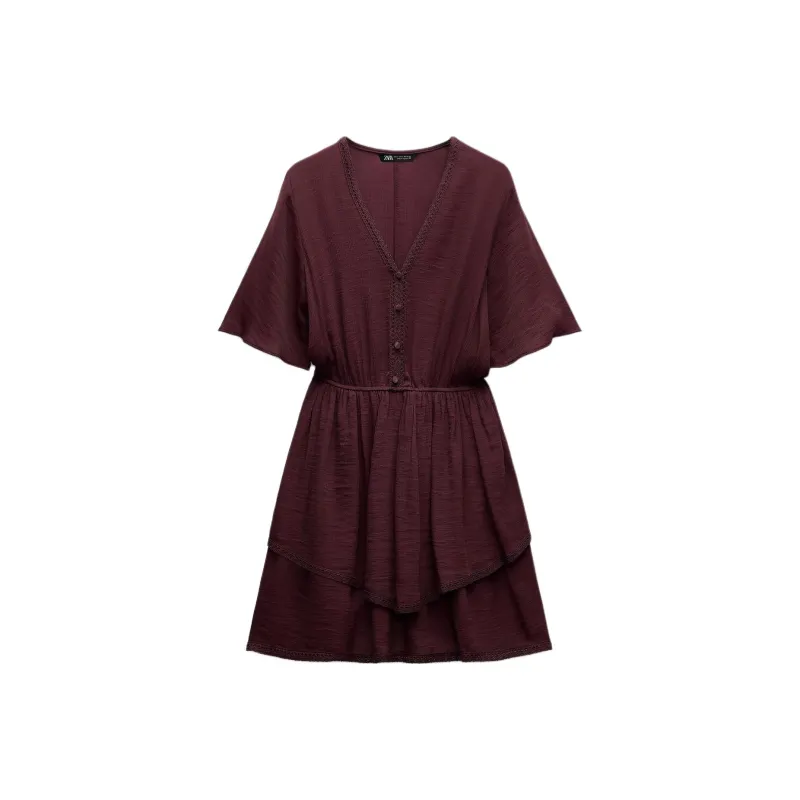 ZARA Short-Sleeved Dresses Women's Burgundy Red-0