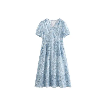 Initial Language Short Sleeved Dresses Women's Blue White Floral