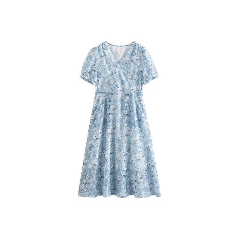 Initial Language Short Sleeved Dresses Women's Blue White Floral-0