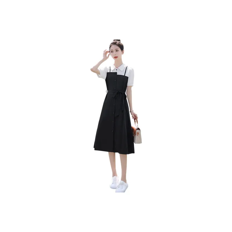 Cypress House Short Sleeved Dress Women's White Top And Black Bottom-0