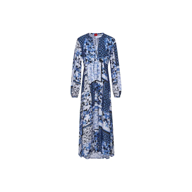 HUGO BOSS Long-Sleeved Dress In Scarf-Print Fabric Long-Sleeved Dresses Women's Light Blue-0