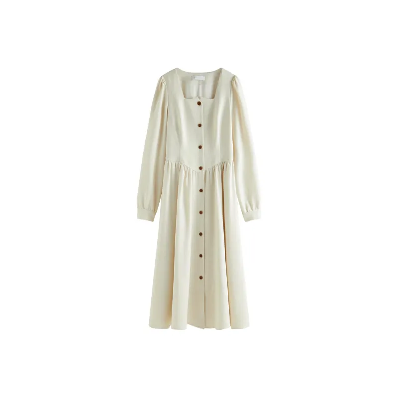 FANSILANEN Long Sleeved Dress Women's Beige Apricot-0