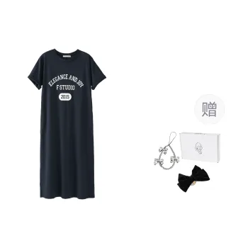 Fstudio Summer Casual Style White Enhancing Loose Fit Fashion Print Short Sleeved Dress Women's Navy Blue