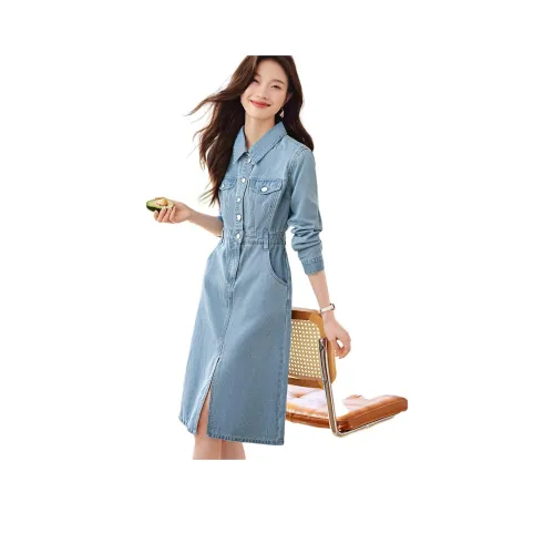 Mo Han Yi Mei Long Sleeved Dress Women's Denim Blue
