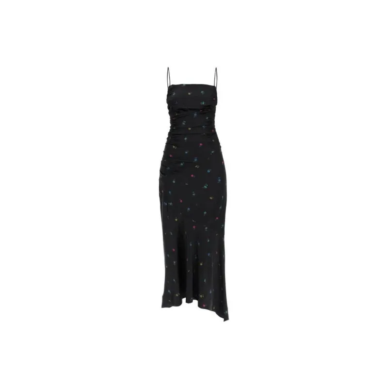 GANNI Floral Satin Ruched Long Slip Dress-0