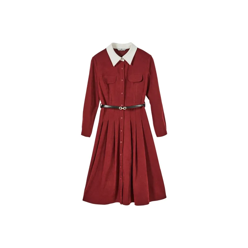XIANGYING Long Sleeved Dress Women's Burgundy-0